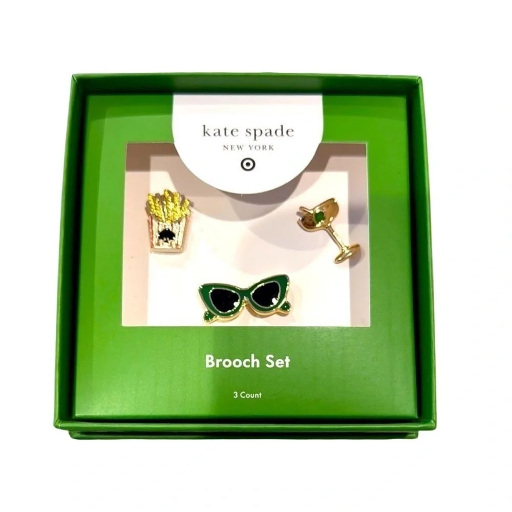 Kate Spade Green and Gold Brooch Set - Pins jewelry designer new in box fries